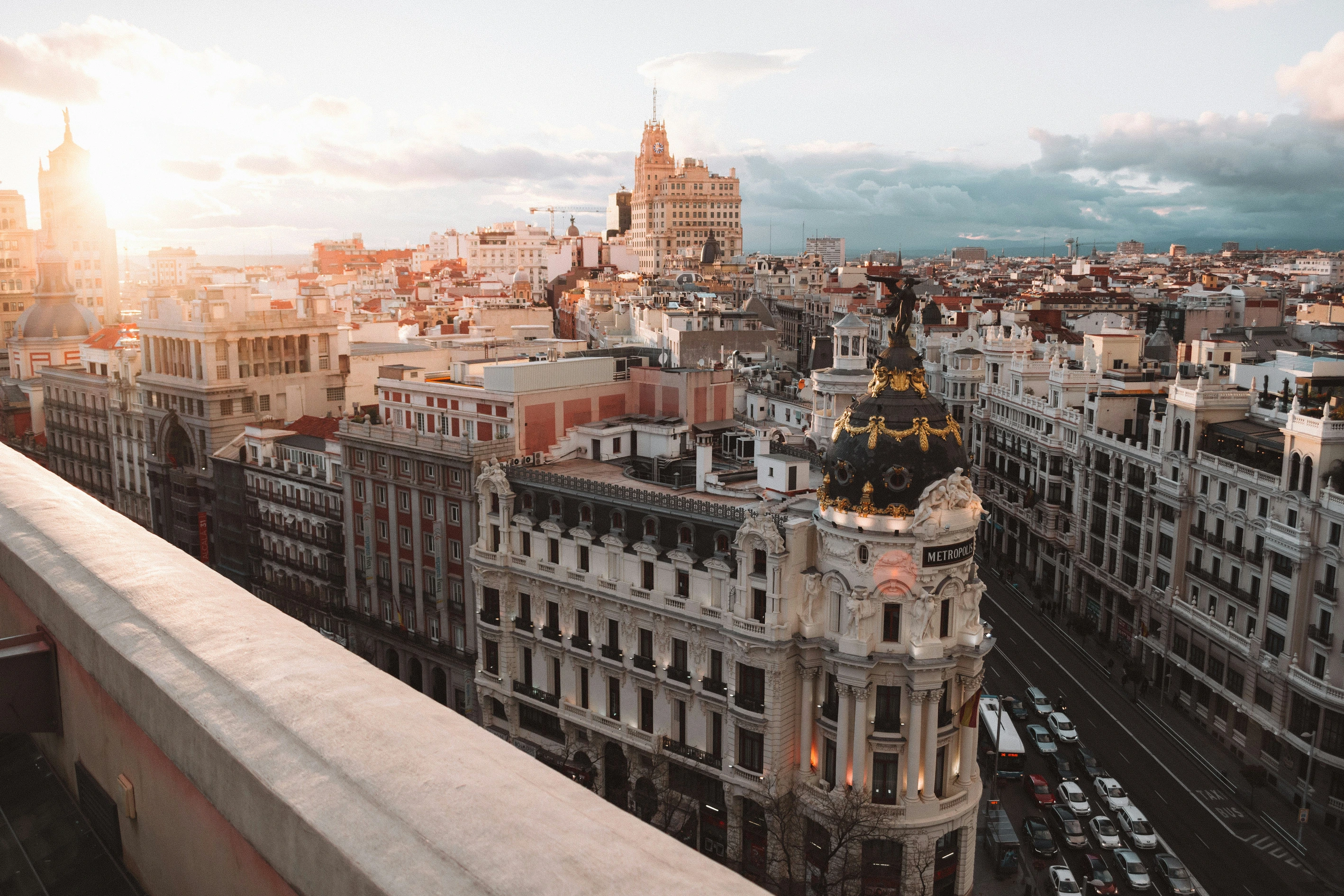 Aerial view of Almudena Cathedral and Royal Palace in Madrid, Spain
