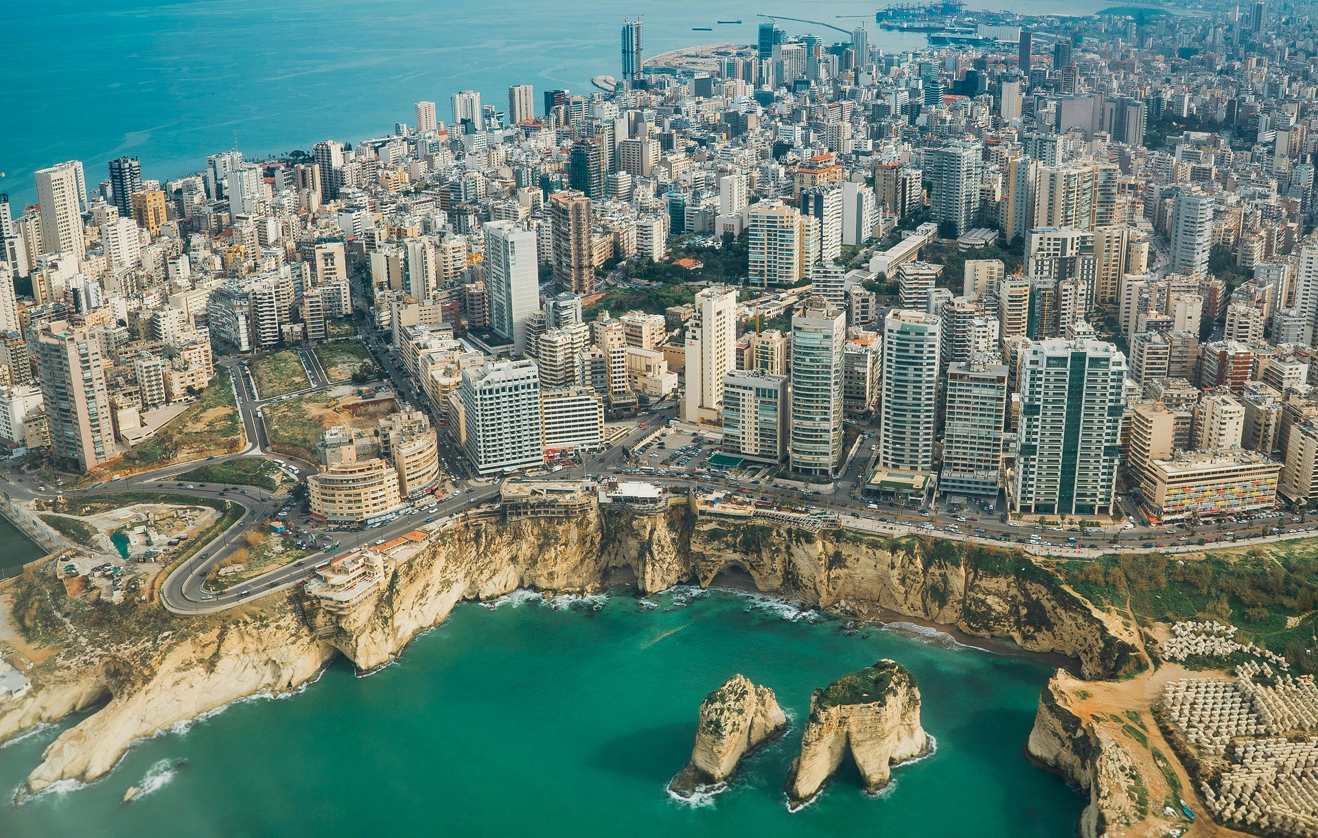 An aerial view of Raouché and the Pigeon Rocks along the coastline of Beirut, Lebanon